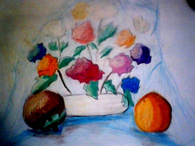 Tranh vẽ tĩnh vật lọ hoa và quả bằng chì